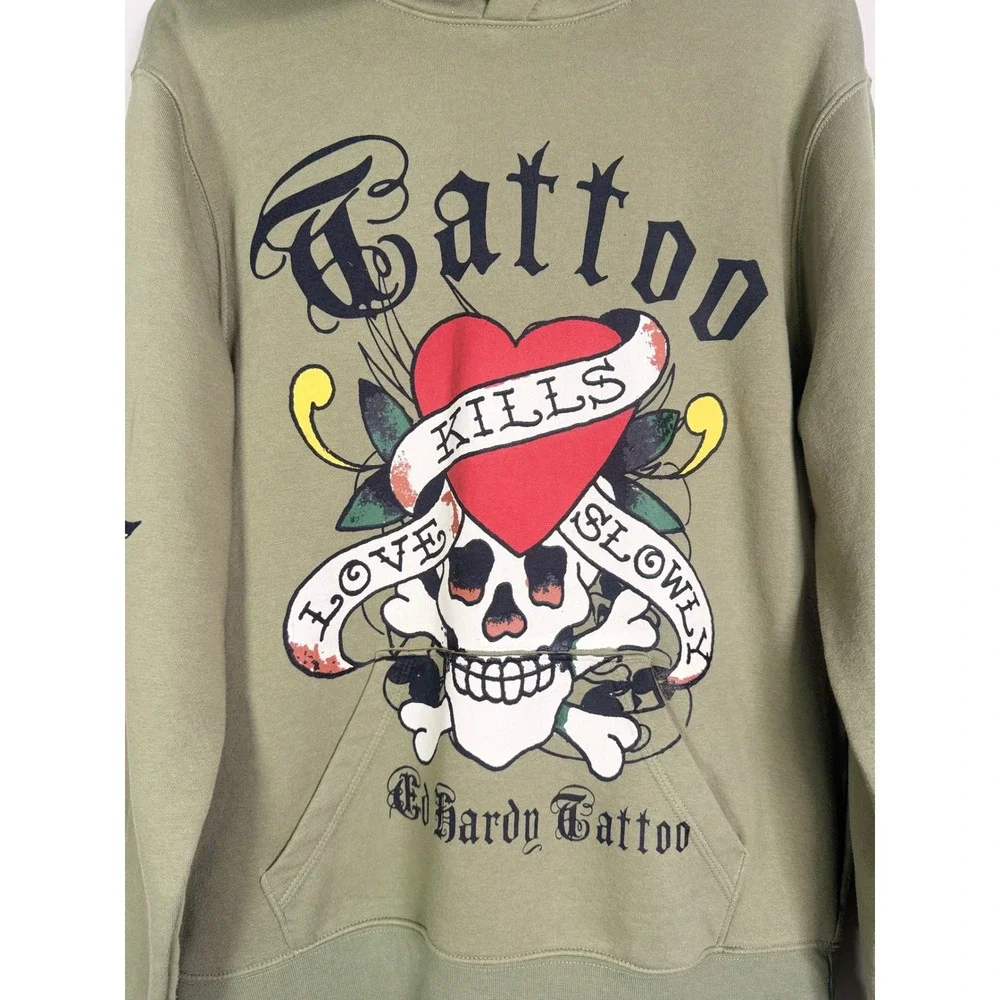 Ed‎ Hardy Mens Love Kills Slowly Tattoo Hoodie Olive Green Skull Graphic L Retro